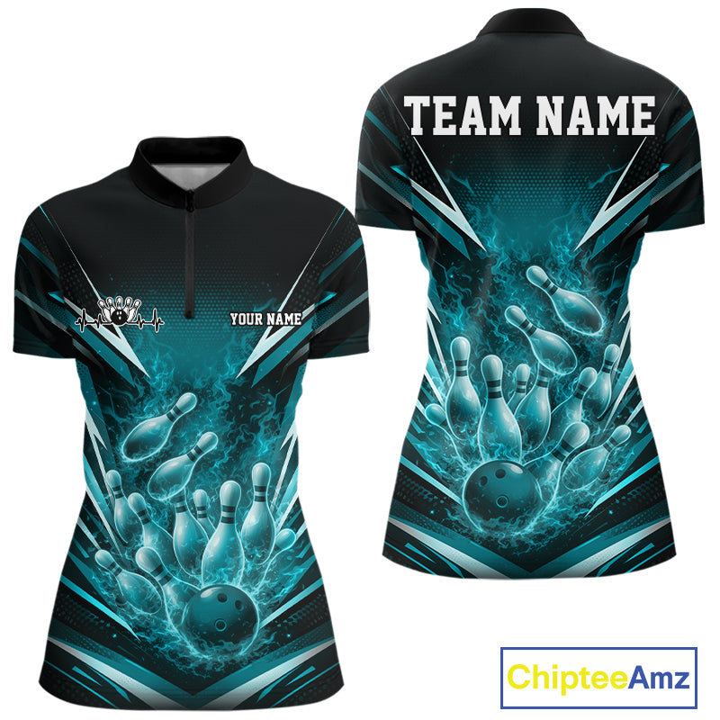 Front and back mockup of womens bowling quarter zip in black and turquoise blue featuring flaming bowling ball striking pins with vibrant fire sports artwork.