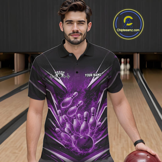 Male model wearing a black and purple bowling polo in a bowling alley featuring dynamic flaming bowling graphics.