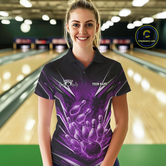 Male model in bowling lane wearing quarter-zip shirt with raccoon sunglasses and patriotic bandana graphic beside bowling ball