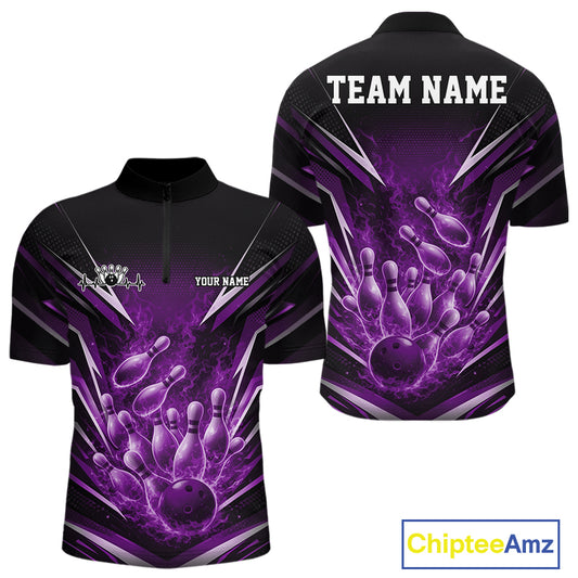 Front and back view men’s quarter-zip bowling shirt mockup featuring flaming bowling ball striking pins purple explosive fire burst design