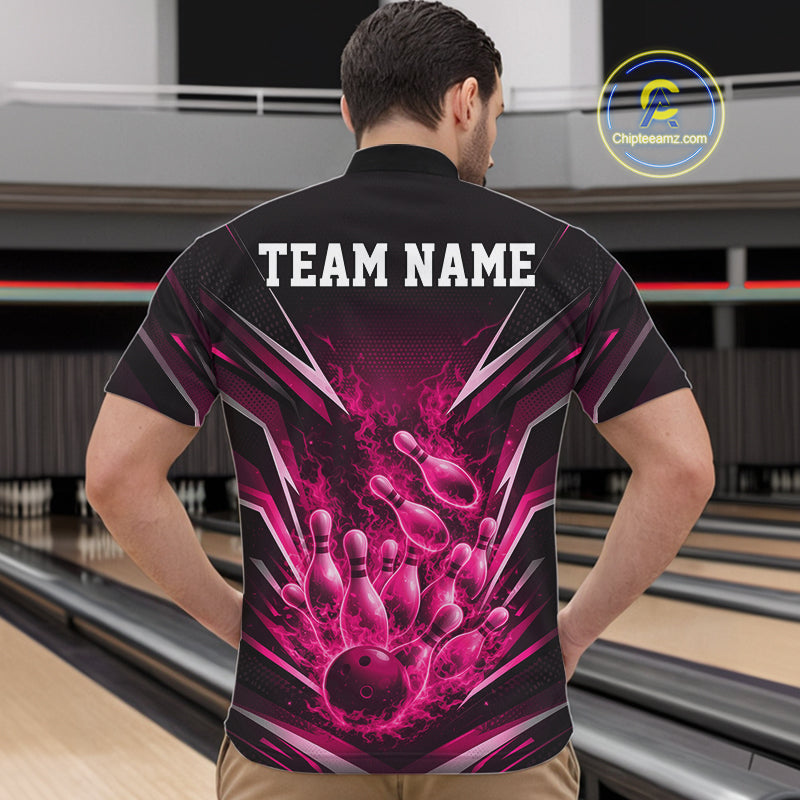 Front view male model in bowling lane wearing quarter-zip shirt featuring flaming bowling ball striking pins pink explosive bowling graphics
