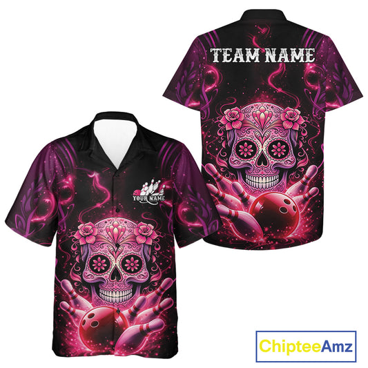Front and back view of a black and pink button-up bowling shirt featuring floral sugar skull above a bowling ball with bowling pins design.