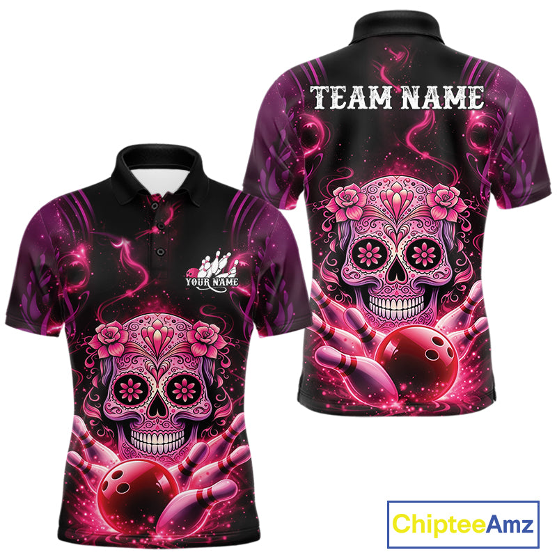 Front and back view of a black and pink men’s bowling polo shirt featuring a floral sugar skull above a bowling ball and bowling pins in Day of the Dead style.