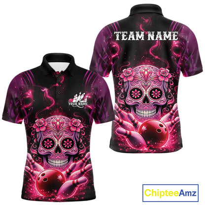Front and back view of a black and pink men’s bowling polo shirt featuring a floral sugar skull above a bowling ball and bowling pins in Day of the Dead style.