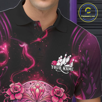 Close-up of a black and pink bowling polo shirt left chest showing a sugar skull above a bowling ball with pins.
