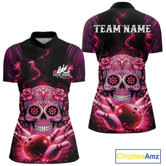 Front and back mockup of a black and pink women’s bowling quarter-zip shirt showcasing a floral sugar skull above a bowling ball and bowling pins.
