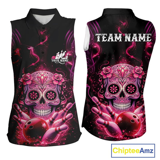 Front and back mockup of a black and pink women’s sleeveless bowling shirt featuring a floral sugar skull above a bowling ball and bowling pins.