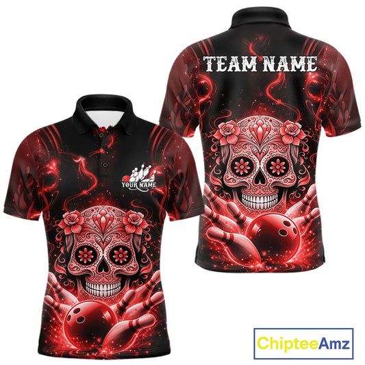 Front and back view of a black and red men’s bowling polo shirt featuring a floral sugar skull above a bowling ball with Day of the Dead bowling design.
