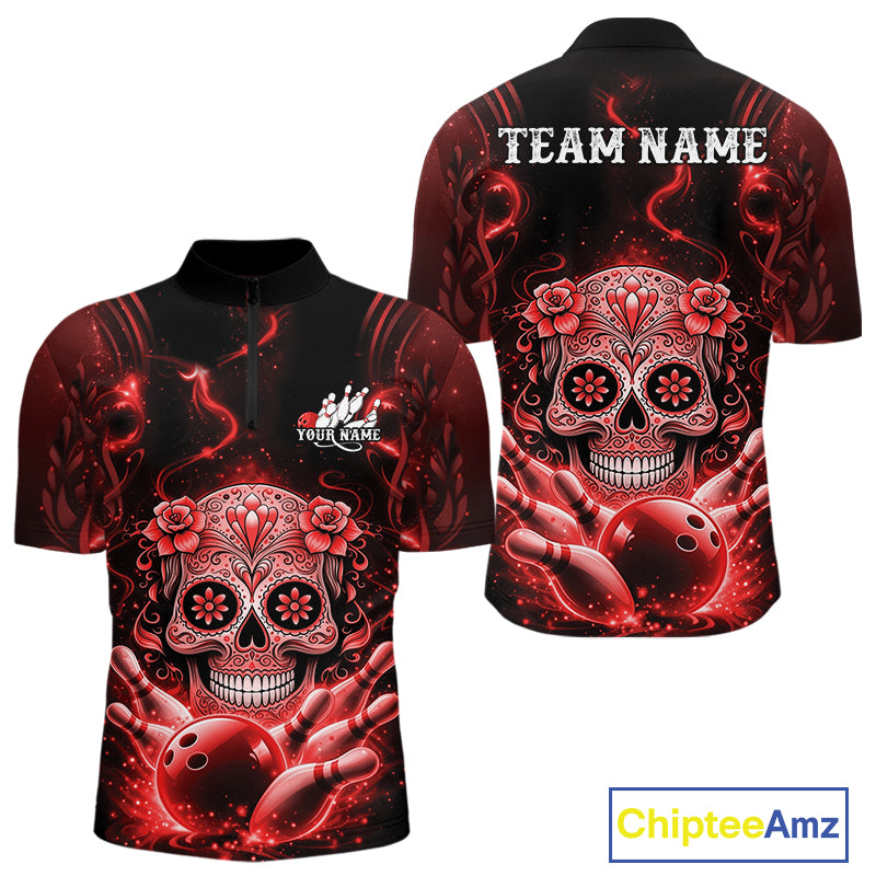Front and back display of a black and red mens bowling quarter-zip shirt showcasing a floral sugar skull above a bowling ball and bowling pins.