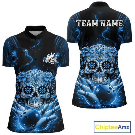 Front and back display of a black and blue women’s bowling quarter-zip shirt featuring a floral sugar skull above bowling pins and a bowling ball.