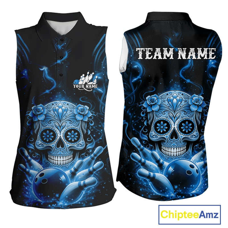 Front and back display of a black and blue women’s sleeveless bowling shirt featuring a floral sugar skull above bowling pins and a bowling ball.