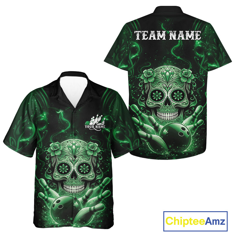 Front and back view of a black and green button-up bowling shirt featuring floral sugar skull above a bowling ball and bowling pins.