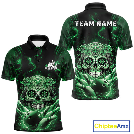 Front and back view of a black and green men’s bowling polo shirt featuring a floral sugar skull above a bowling ball and bowling pins.