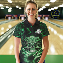 Load image into Gallery viewer, Custom Green Sugar Skull Bowling Women Polo Shirt, Halloween Team Bowling Outfit IPHW11147