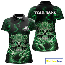 Load image into Gallery viewer, Custom Green Sugar Skull Bowling Women Polo Shirt, Halloween Team Bowling Outfit IPHW11147