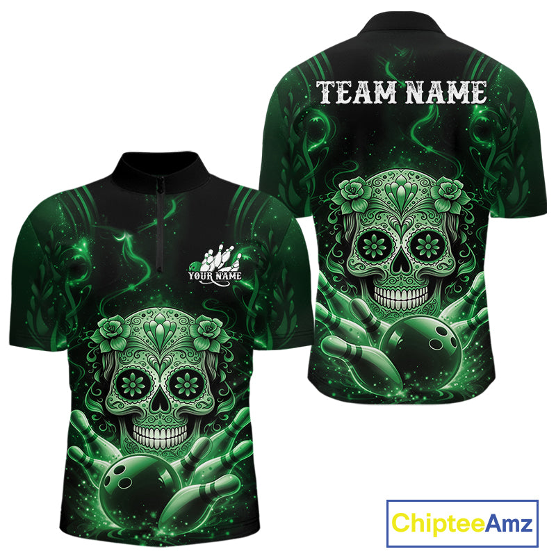 Front and back mockup of a black and green mens bowling quarter-zip shirt showcasing a floral sugar skull motif above a bowling ball and bowling pins.