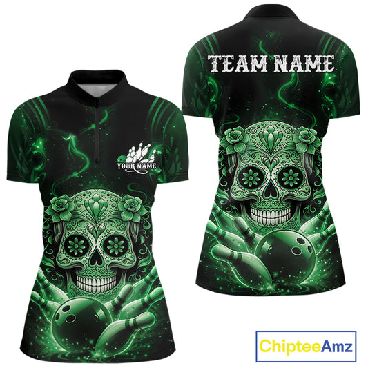 Front and back mockup of a black and green women’s bowling quarter-zip shirt featuring a floral sugar skull above a bowling ball and bowling pins.