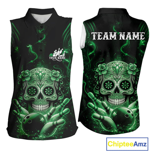 Front and back mockup of a black and green women’s sleeveless bowling shirt showcasing a floral sugar skull, bowling ball, and bowling pins with Day of the Dead artwork.
