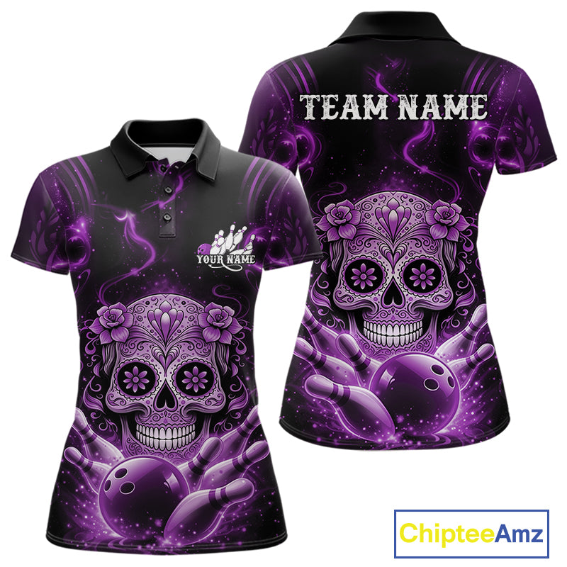 Front and back view of a black and purple women’s bowling polo shirt featuring a floral sugar skull above a bowling ball and bowling pins in Day of the Dead style.