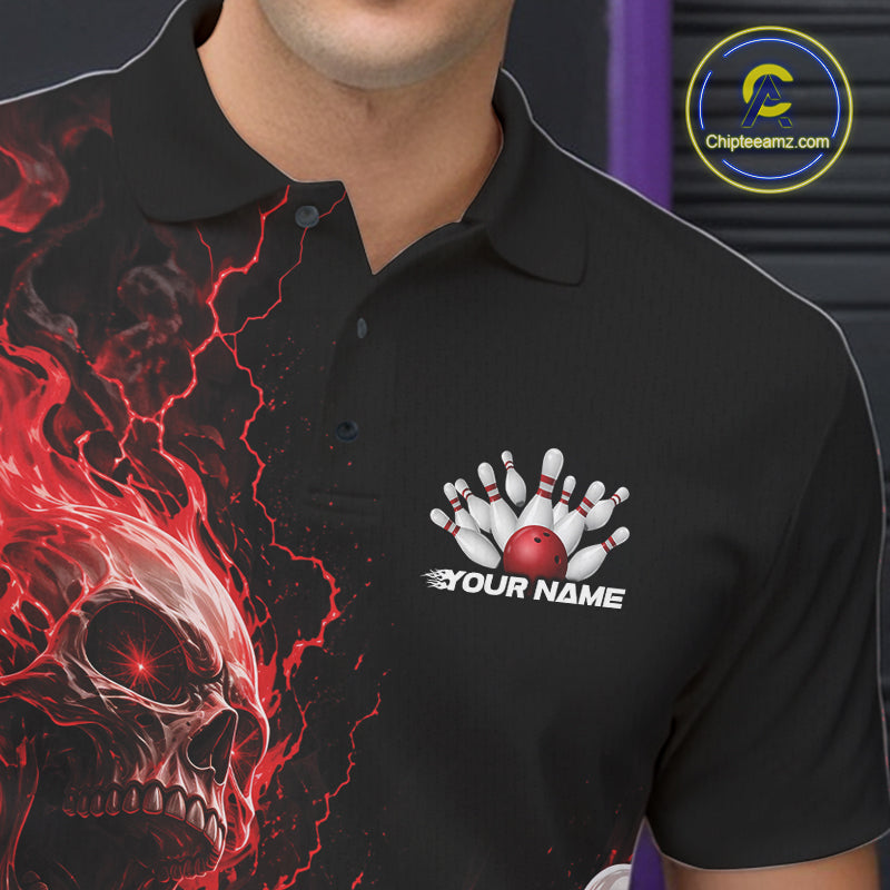 Close up of the left chest on a black bowling polo featuring a red flaming skull graphic with a custom name.