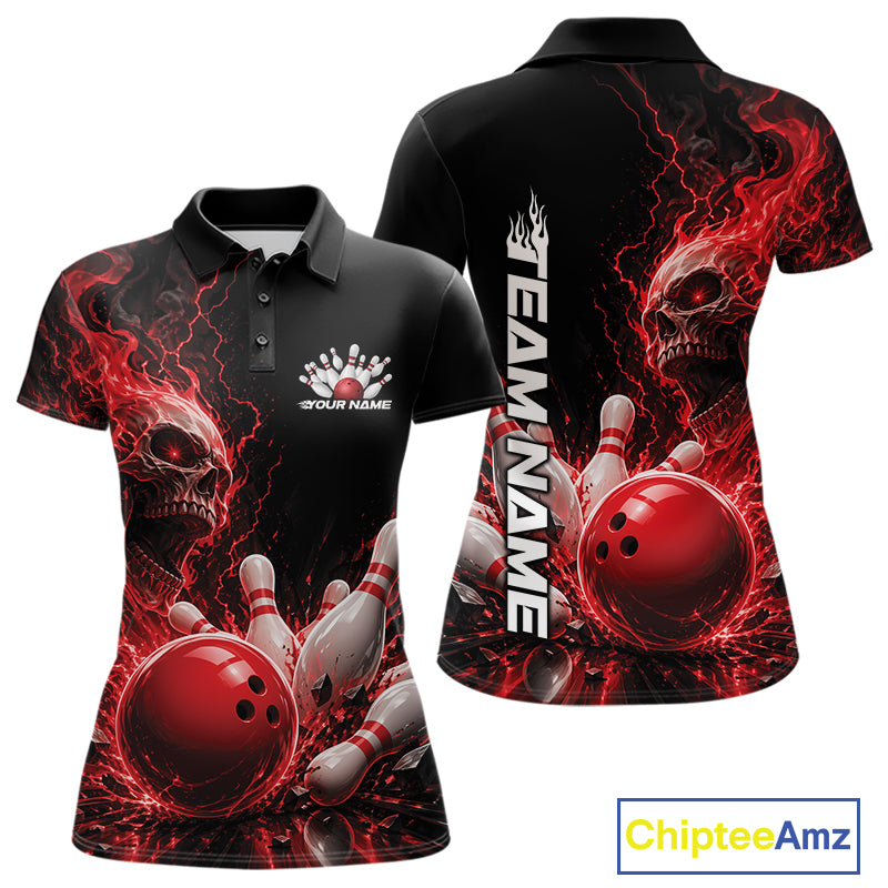 Front and back mockup of a black women's bowling polo featuring a red flaming skull, lightning, bowling pins, and a custom name.