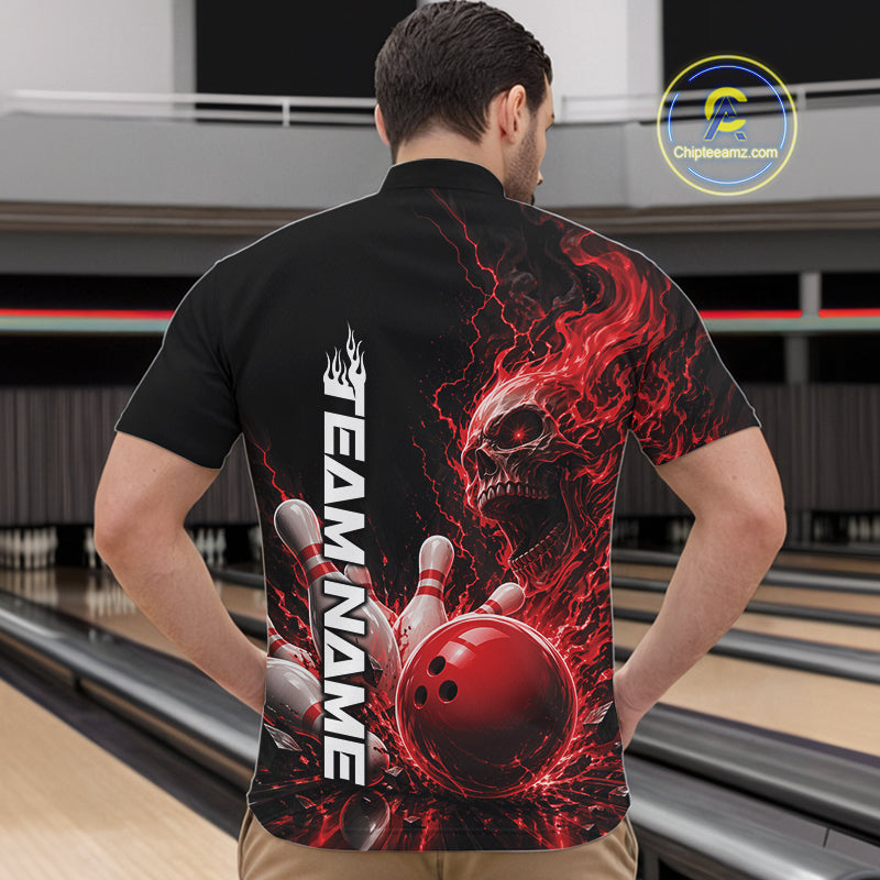 Front view of a male model in a bowling alley wearing a black quarter zip bowling shirt with a red flaming skull, lightning, bowling pins, and a custom name.
