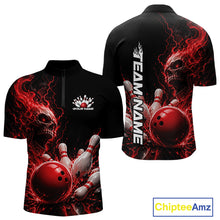 Load image into Gallery viewer, Custom Name Red Flame Skull Bowling Men Quarter-Zip Shirts, Halloween Team Bowling Outfit IPHW11391