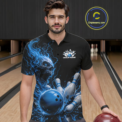 Front view of a male model in a bowling alley wearing a black bowling polo shirt featuring a blue fiery skull with lightning striking a bowling ball and pins and a custom name.
