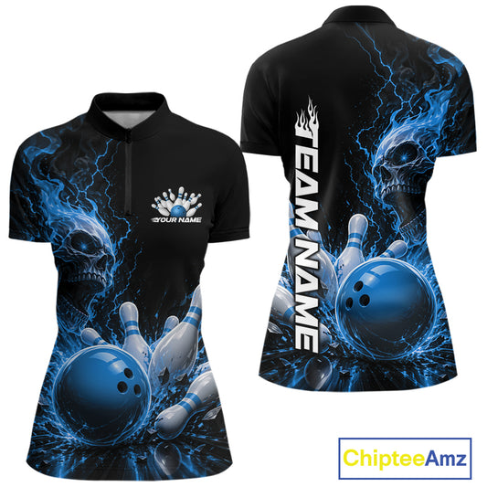 Front and back views of a women's quarter zip bowling shirt mockup featuring a blue fiery skull design with lightning striking a bowling ball and pins and a custom name on a black shirt.

