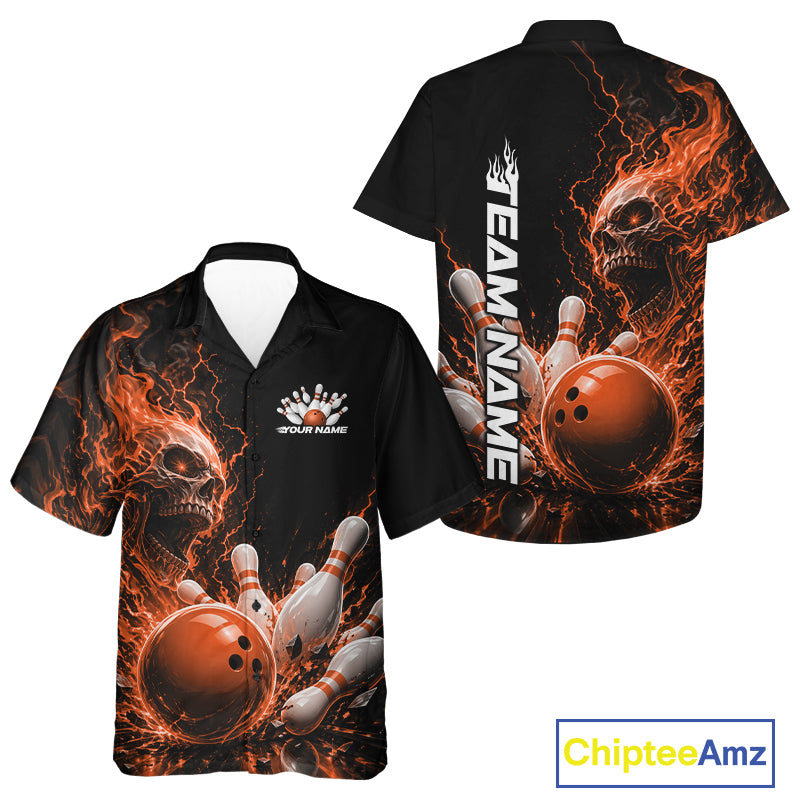 Front and back views of a black custom bowling button up shirt mockup featuring an orange fiery skull with lightning striking a bowling ball and pins and a custom name.