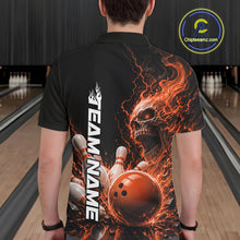 Load image into Gallery viewer, Custom Name Orange Flame Skull Bowling Men Polo Shirts, Halloween Team Bowling Outfit IPHW11393