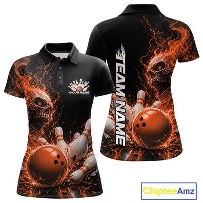 Front and back mockup of a black women's bowling polo featuring an orange flaming skull, lightning, bowling pins, and a custom name.
