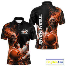 Load image into Gallery viewer, Custom Name Orange Flame Skull Bowling Men Polo Shirts, Halloween Team Bowling Outfit IPHW11393