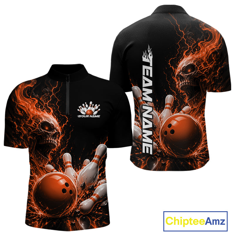 Front and back views of a black men's quarter zip bowling shirt mockup featuring an orange fiery skull with lightning striking a bowling ball and pins and a custom name.
