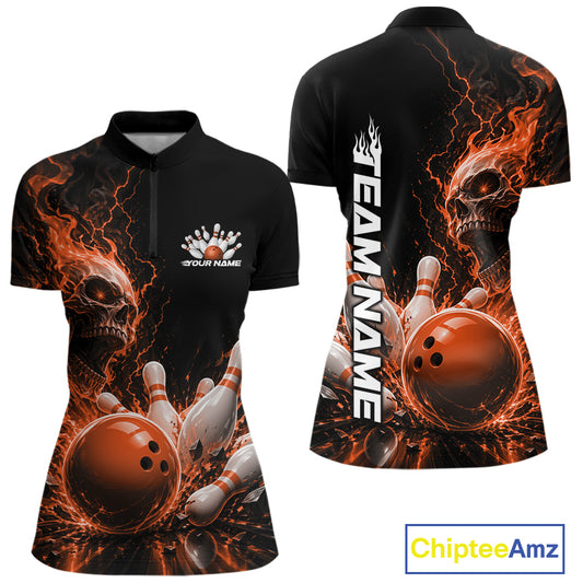 Front and back views of a women's quarter zip bowling shirt mockup featuring an orange fiery skull design with lightning striking a bowling ball and pins and a custom name on a black shirt.
