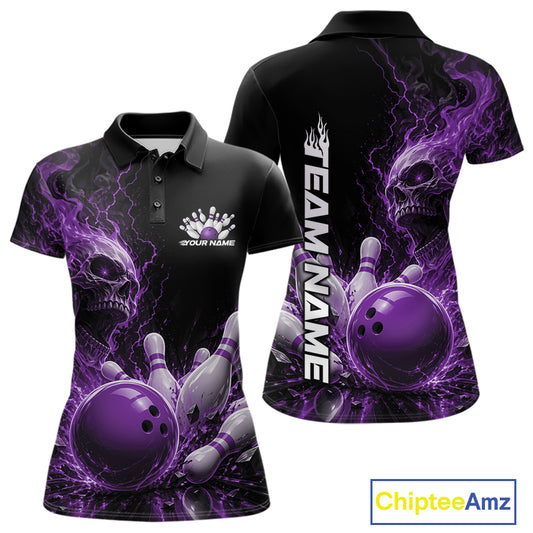 Front and back views of a women's bowling polo shirt mockup featuring a purple fiery skull design with lightning striking a bowling ball and pins and a custom name.