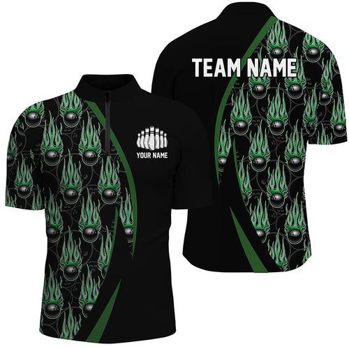 Green Flame Bowling Ball Pattern Custom Bowling Shirts For Men, Fire Bowling League Outfits IPHW6734