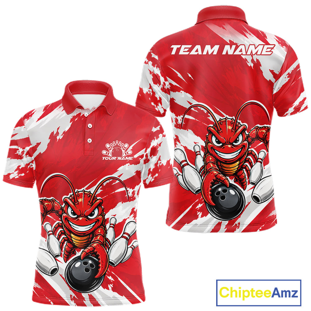 Front and back views of a red custom men's bowling polo shirt featuring an aggressive funny crawfish playing bowling with a distressed background design.