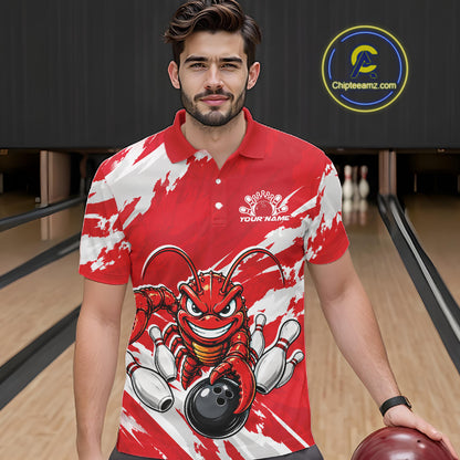 Front view of a male model in a bowling alley wearing a red custom bowling polo shirt with a fierce yet funny crawfish bowling character and a distressed background design.