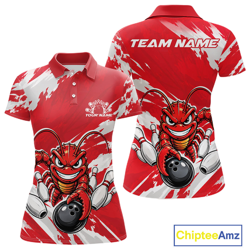 Front and back views of a red custom women's bowling polo shirt featuring a fierce yet funny crawfish bowling character and a distressed background design.
