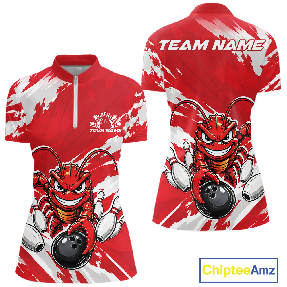 Front and back views of a red custom women's quarter zip bowling shirt featuring an aggressive crawfish bowling design with a distressed background.