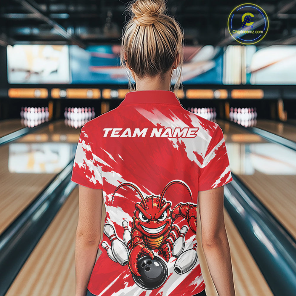 Back view of a female model in a bowling alley wearing a red custom quarter zip bowling shirt with an aggressive crawfish bowling design and a distressed background.