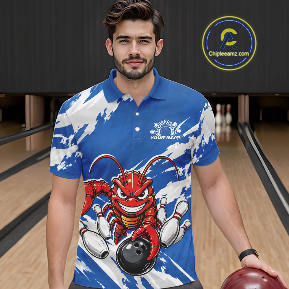 Front view of a male model in a bowling alley wearing a blue custom bowling polo shirt with a fierce yet funny crawfish bowling character and a distressed background design.
