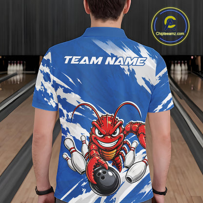 Back view of a male model in a bowling alley wearing a blue custom bowling polo shirt with a fierce yet funny crawfish bowling character and a distressed background design.