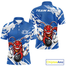 Load image into Gallery viewer, Front and back views of a blue custom men's bowling polo shirt featuring an aggressive funny crawfish playing bowling with a distressed background design.