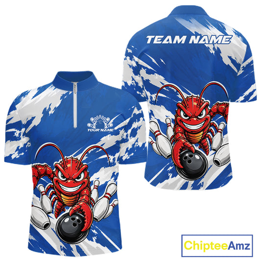 Front and back views of a blue custom quarter zip bowling shirt featuring an aggressive crawfish bowling design with a distressed background.
