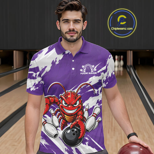 Front view of a male model in a bowling alley wearing a purple custom bowling polo shirt with a fierce yet funny crawfish bowling character and a distressed background design.