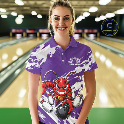 Front view of a female model in a bowling alley wearing a purple custom bowling polo shirt with a fierce yet funny crawfish bowling character and a distressed background design.