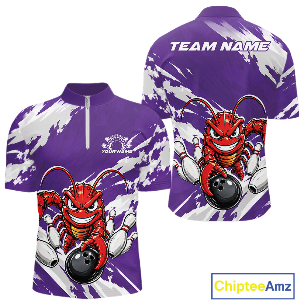 Front and back views of a purple custom quarter zip bowling shirt featuring an aggressive crawfish bowling design with a distressed background.
