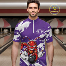 Load image into Gallery viewer, Front view of a male model in a bowling alley wearing a purple custom quarter zip bowling shirt with an aggressive crawfish bowling design and a distressed background.
